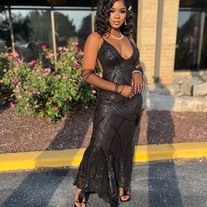 black backless sequin dress